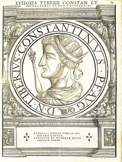 Tyberius Constantinus, illustration from Imperatorum Romanorum Omnium Orientalium et Occidentalium Verissimae Imagines ex Antiquis Numismatis by Hans Rudolf Manuel Deutsch